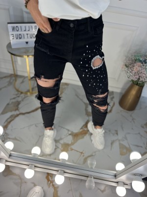 DŽINSAI JUODI PAPLĖŠYTI SU BLIZGUČIU (MOM FIT)